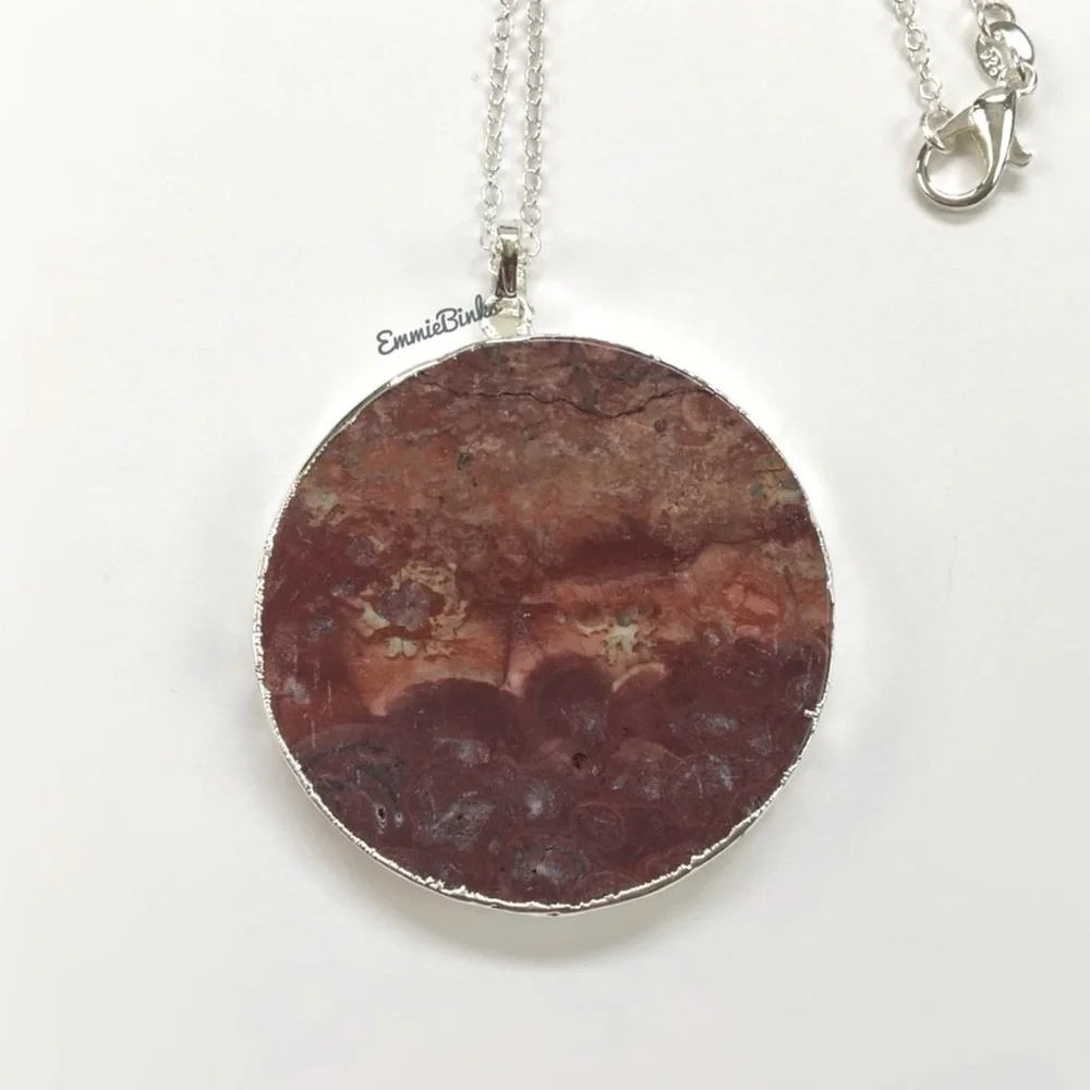 New 925 Sterling Silver Red Mexican Happy Lace Agate Slice Pendant Necklace - Picture 5 of 14